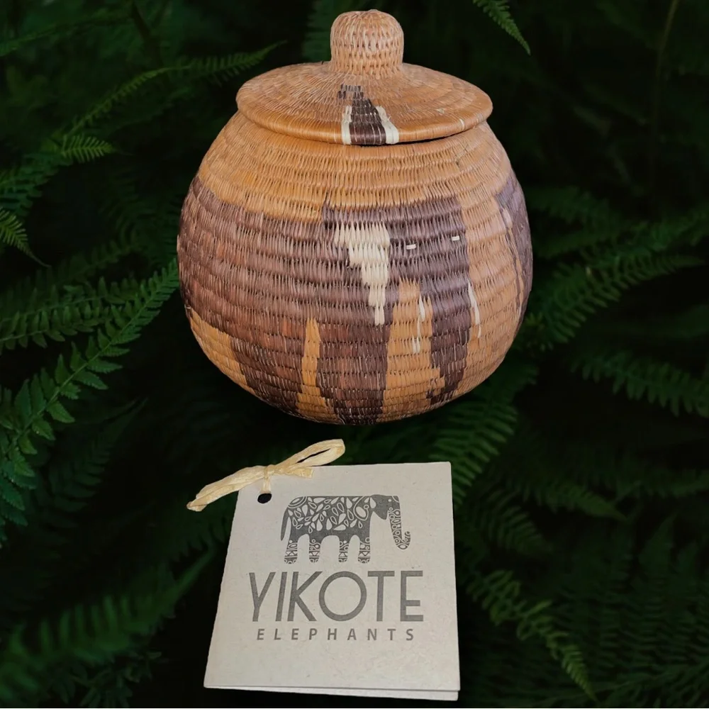World Wild Life Yikote Elephants Handmade Grass Basket With Lid Botswana VGUC